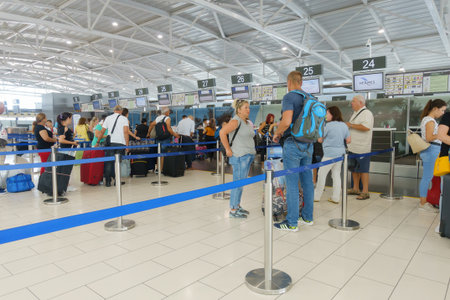 Larnaca, Cyprus - July 30. 2019: Passengers pass passport control in Larnaca International Airport