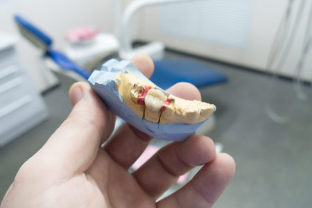 dental ceramic-metal crowns on a plaster model in the doctorâ€™s hands