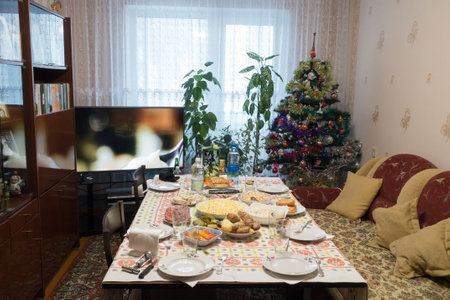 large New Year's table with many beautiful and delicious dishesの写真素材