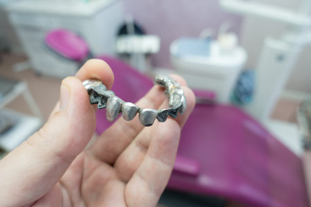 metal dental bridge in the manufacturing processの写真素材