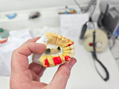 The doctor demonstrates a steel frame from a metal-ceramic dental bridge
