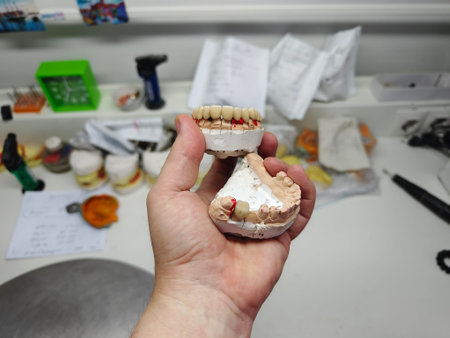metal-ceramic artificial dentures in the hands of a doctor