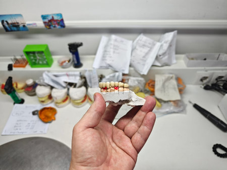 metal-ceramic artificial dentures in the hands of a doctor