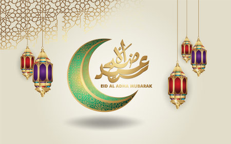 Eid al Adha Mubarak islamic design with kaaba, lantern and arabic calligraphy, template islamic ornate greeting. vector Illustrationのイラスト素材
