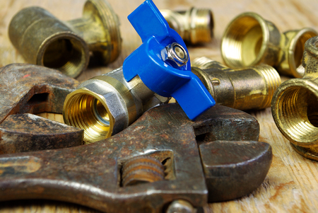 Water tap fittings for water supply. Sanitary and technical works.の写真素材