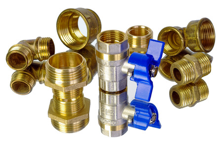 Water tap and fittings for water supply. Plumbing fixtures and piping parts. Sanitary and technical works.の写真素材