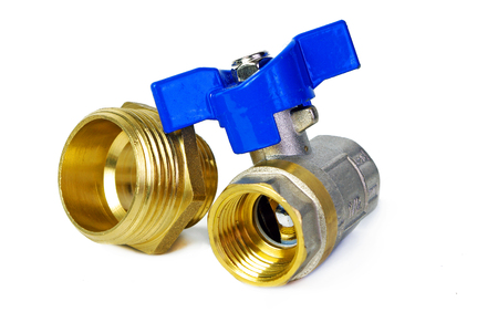 Water tap and fittings for water supply. Plumbing fixtures and piping parts. Sanitary and technical works.の写真素材