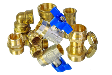 Water tap and fittings for water supply. Plumbing fixtures and piping parts. Sanitary and technical works.の写真素材