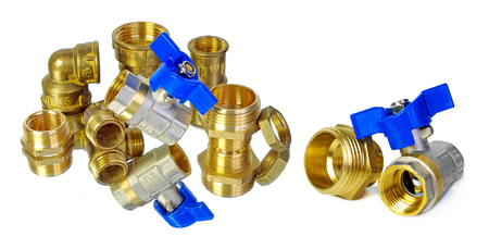 Water tap and fittings for water supply. Plumbing fixtures and piping parts. Sanitary and technical works.の写真素材