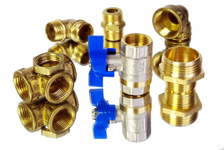 Water tap and fittings for water supply. Plumbing fixtures and piping parts. Sanitary and technical works.の写真素材