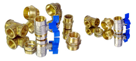 Water tap and fittings for water supply. Plumbing fixtures and piping parts. Sanitary and technical works.の写真素材