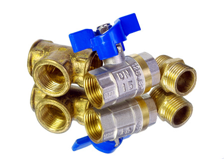 Water tap and fittings for water supply. Plumbing fixtures and piping parts. Sanitary and technical works.の写真素材