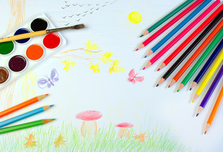 Bright colored pencils. Children's drawing of autumn. Draw the autumn. My own drawing design. Copy spaces.の写真素材