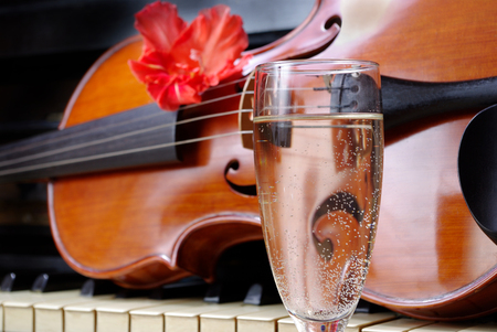 violin and champagne. violin and piano. after the concert.の写真素材