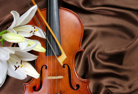 Violin and lily on a silk background. close upの写真素材