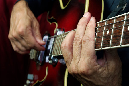 Guitarist hands and guitar golden branch of oak. decorative autumn leaves. festive