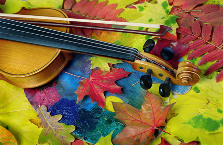Violin and autumn leaves. Autumn moodの写真素材