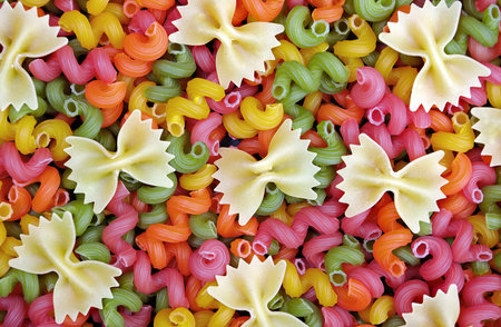 colored pasta texture background. top view