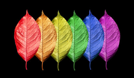Colors of rainbow. Pattern of multicolored leaves texture background. Bright colorful cherry leaves...