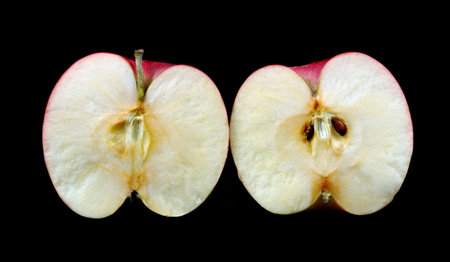 cut apple isolated on black background. two halves of an apple close-up.