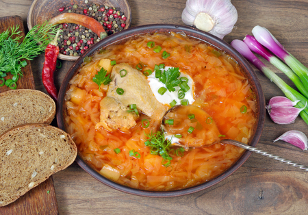 Traditional Ukrainian borscht in a bowl. close up. top view.の写真素材