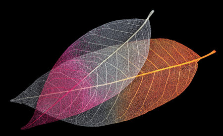 skeleton leaves isolated on black. autumn leaves. orange and purple leaves close upの写真素材