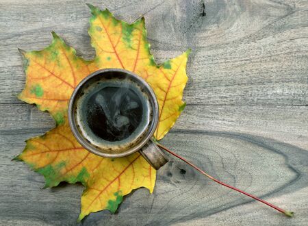 autumn drink concept. cup of coffee and autumn maple leaf on a wooden table. top view. copy spaces.の写真素材