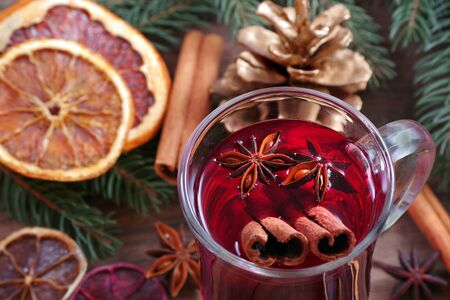 mulled wine, dried fruits and spices close upの写真素材