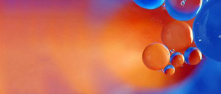 abstract space background. drops of oil in water. abstract orange and blue background. copy space