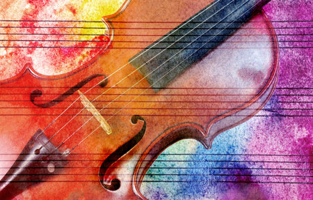 Vintage violin background. Melody concept. Old music sheet in colorful watercolor paint and violin. Abstract colorful watercolor background. Colors of rainbowの写真素材