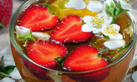 summer vitamin tea. green tea with jasmine and strawberries on a wooden table. close upの写真素材