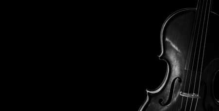 Fragment of a violin on a black background. Concert poster for classical music. Music concept. black and white.の写真素材