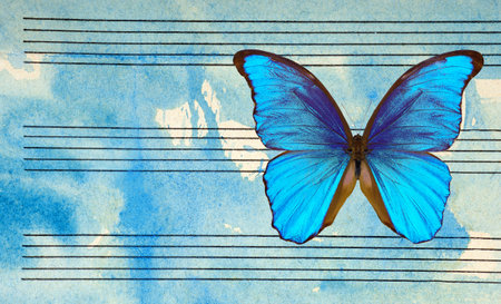 Morpho blue butterfly and notes. Butterfly melody. Photo of old music sheet in blue watercolor...