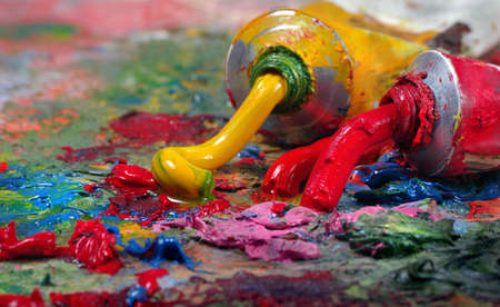 artist's palette and brush texture background. top vewの写真素材