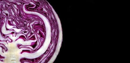 Fresh red cabbage isolated on black background. Half part top view.