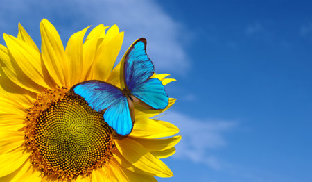 bright blue morpho butterfly sitting on a sunflower against a blue sky. butterfly on a flower. copy spaceの写真素材