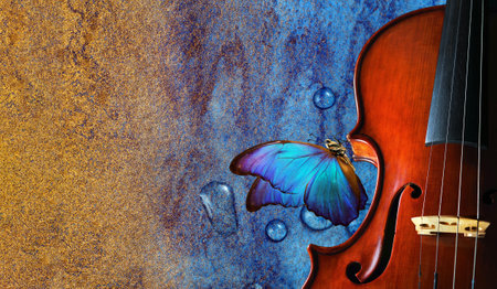 violin on watercolor background closeup. beautiful blue butterfly morpho on violin. music concept. copy spaces. blues music conceptの写真素材