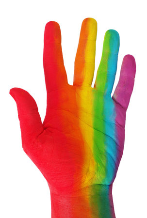 Colors of rainbow. Hand painted in rainbow colors. Palm in paint isolated on white. copy space