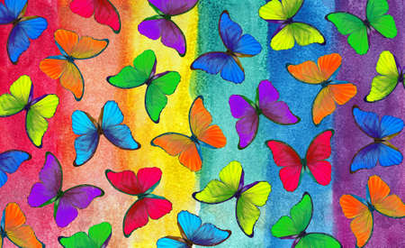 Colors of rainbow. Pattern of multicolored morpho butterflies. Abstract colorful pattern. Multicolored watercolor stains.の写真素材