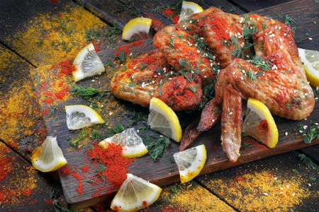 grilled chicken wings and spices on a wooden table