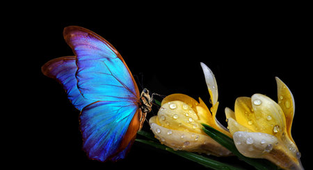 bright blue tropical morpho butterfly on yellow crocus flowers isolated on black. selective focus