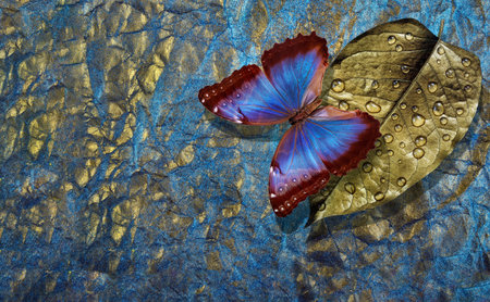 Blue and gold background. Golden leaf in drops of water and bright blue tropical morpho butterfly on...