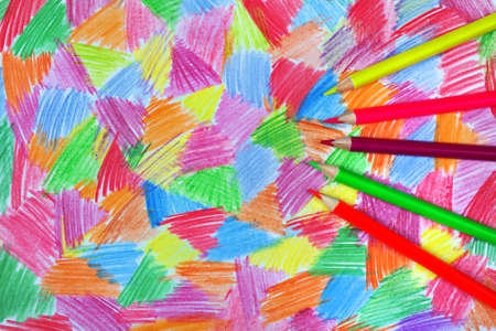 colored pencils on colored paper. strokes with pencils on paper. abstract multicolored pencil drawing on paperの写真素材