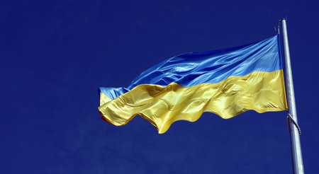 yellow - blue flag of Ukraine against the sky. copy space