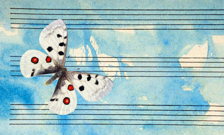Bright apollo butterfly and notes. Butterfly melody. Photo of old music sheet in blue watercolor paint. Music concept. Abstract blue watercolor background. copy spacesの写真素材