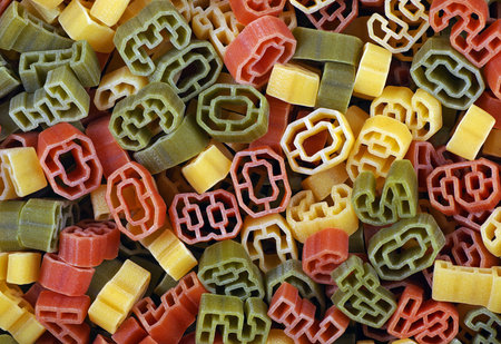 food for children. tricolor pasta. multicolored pasta shaped numbers texture background. close up