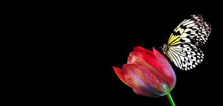 Bright tropical butterfly on red tulip flower in water drops isolated on black. Rice paper...