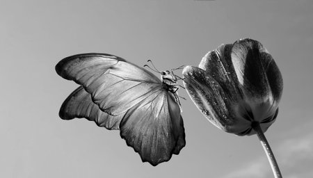 tropical morpho butterfly on a tulip flower against the sky, black and white. copy space