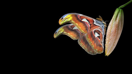 colorful Attacus atlas butterfly on tender lily bud in water drops after rain isolated on black. beige lily flower close-upの写真素材