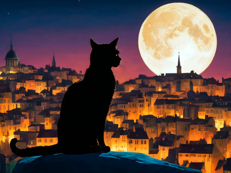Cat sitting on the moon over old european city at nightの素材